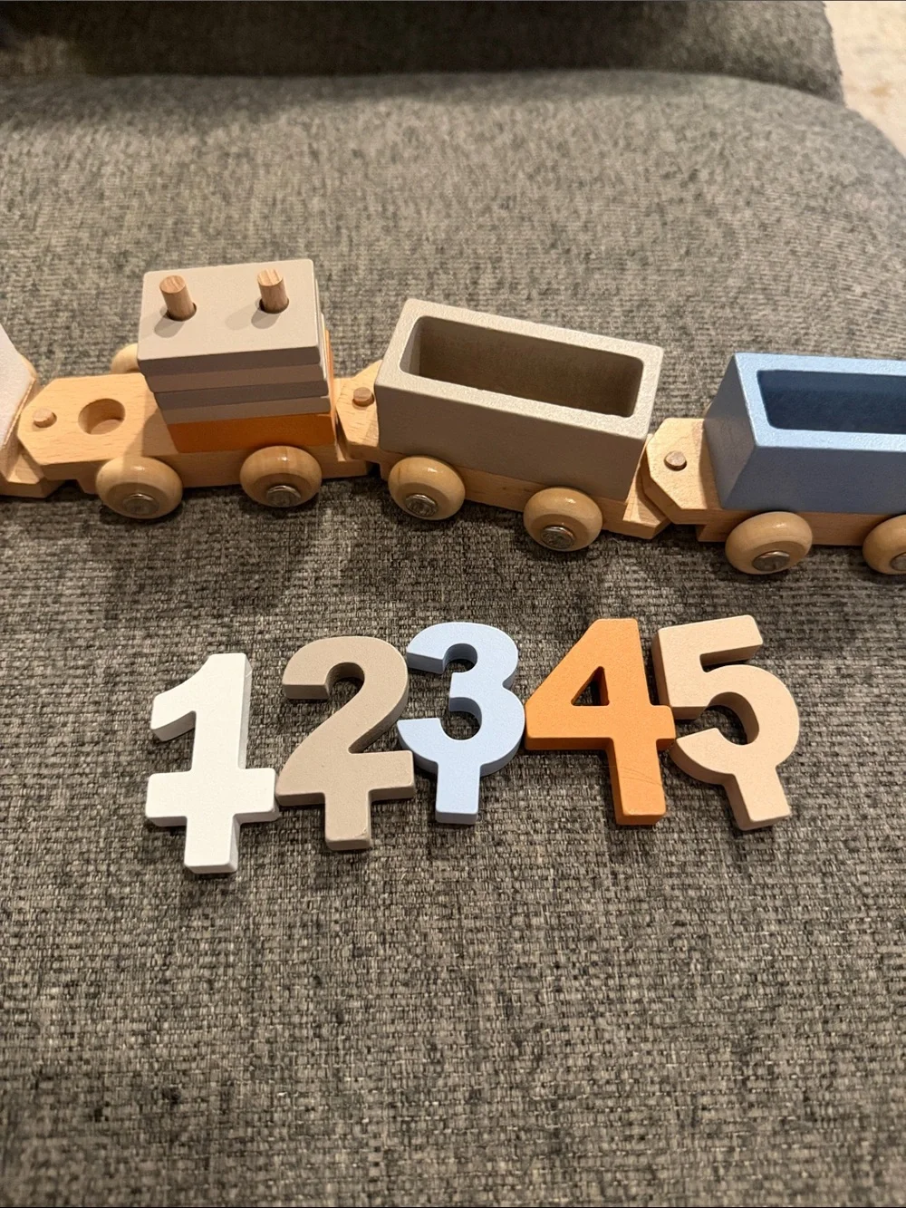 Wooden Train Toy Set - Neutral Pastel with numbers 1-5 and stacking blocks